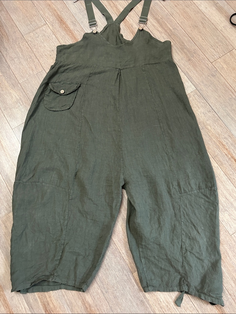 Linen Olive Green Linen Suspender Jumpsuit Large or XL